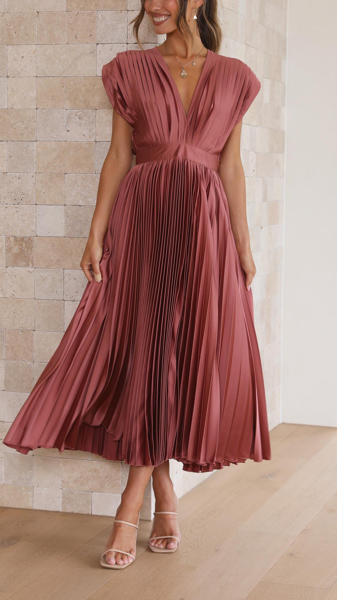 Elegant Pleated Maxi Dress with Deep V-Neck Accordion Pleat Formal Wedding Guest