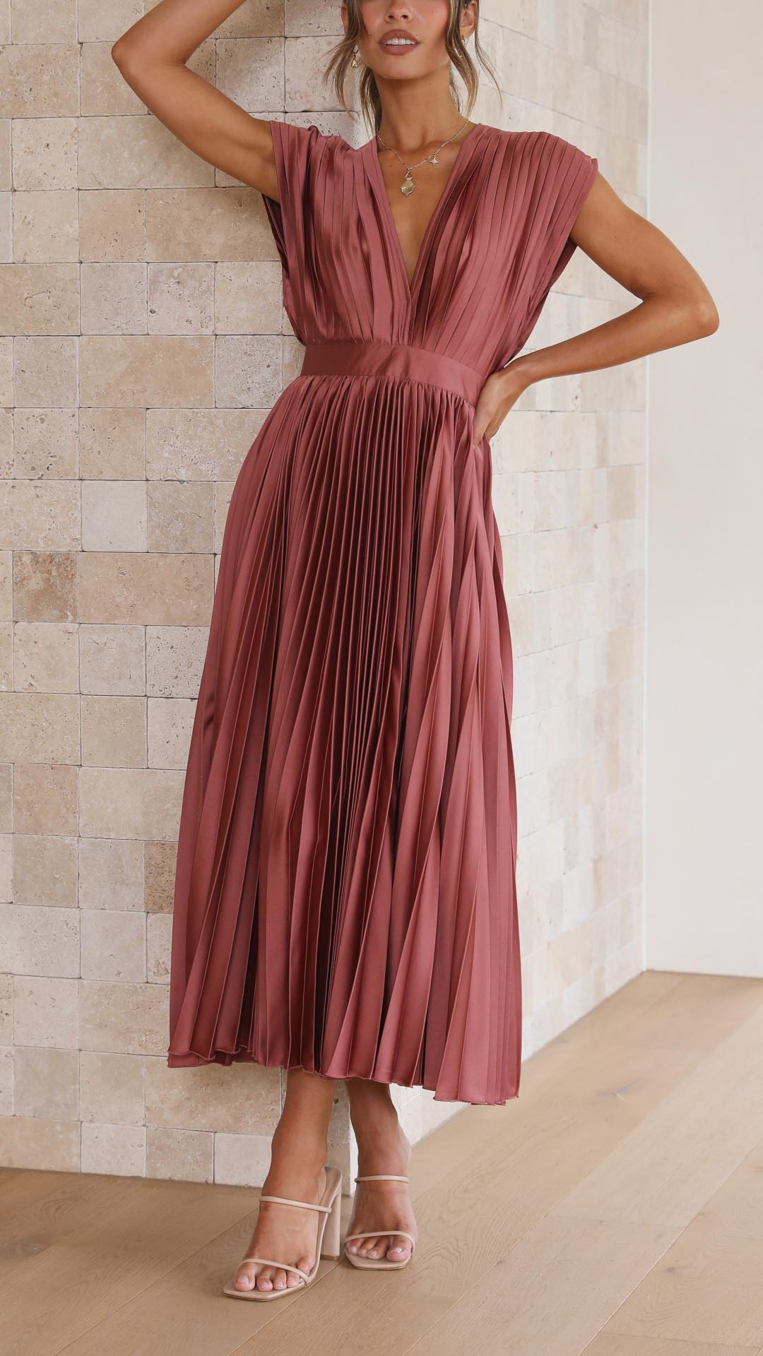 Elegant Pleated Maxi Dress with Deep V-Neck Accordion Pleat Formal Wedding Guest