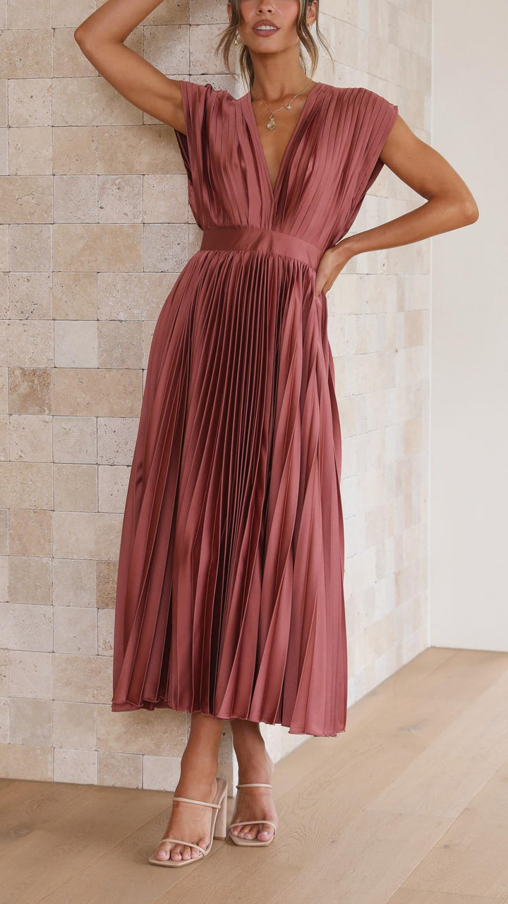 Elegant Pleated Maxi Dress with Deep V-Neck Accordion Pleat Formal Wedding Guest