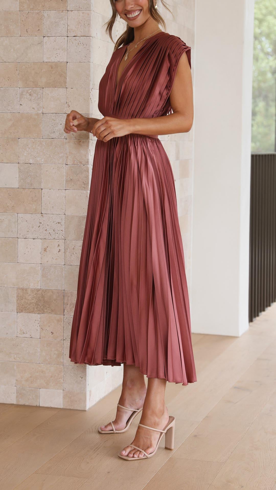 Elegant Pleated Maxi Dress with Deep V-Neck Accordion Pleat Formal Wedding Guest