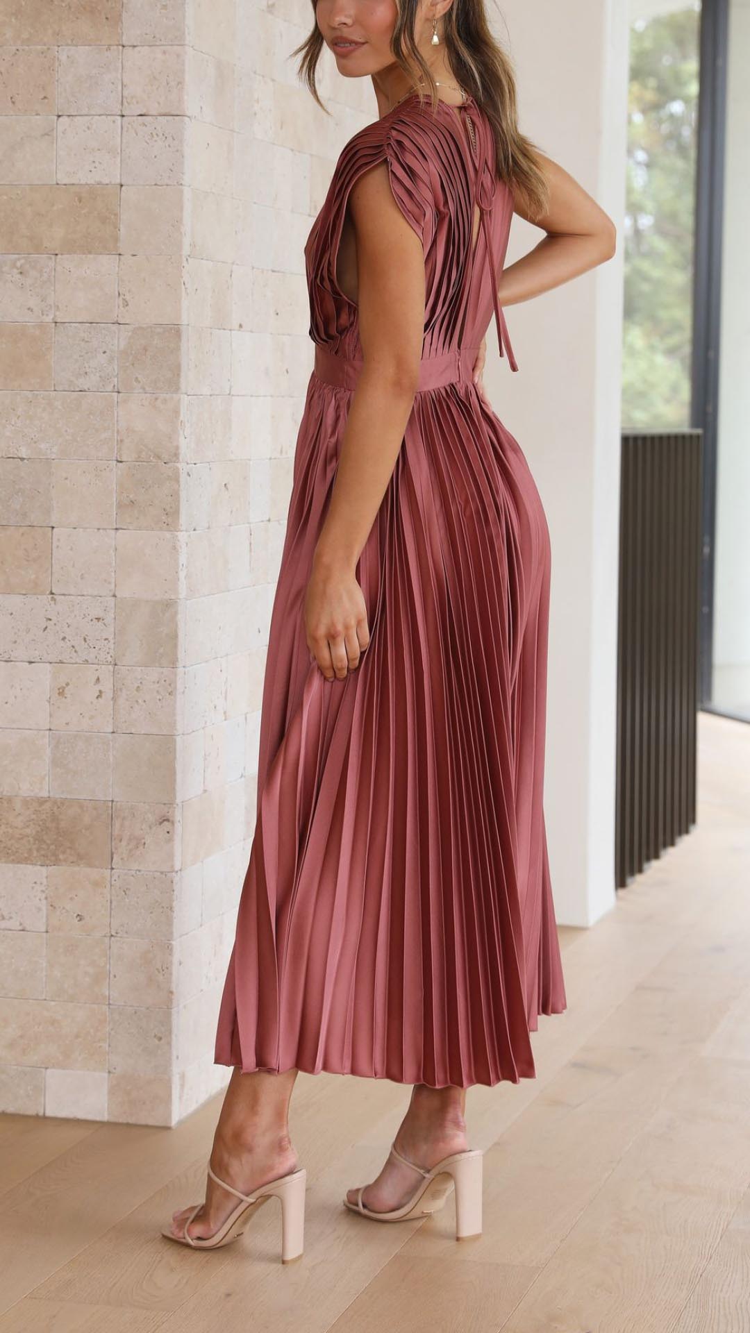 Elegant Pleated Maxi Dress with Deep V-Neck Accordion Pleat Formal Wedding Guest
