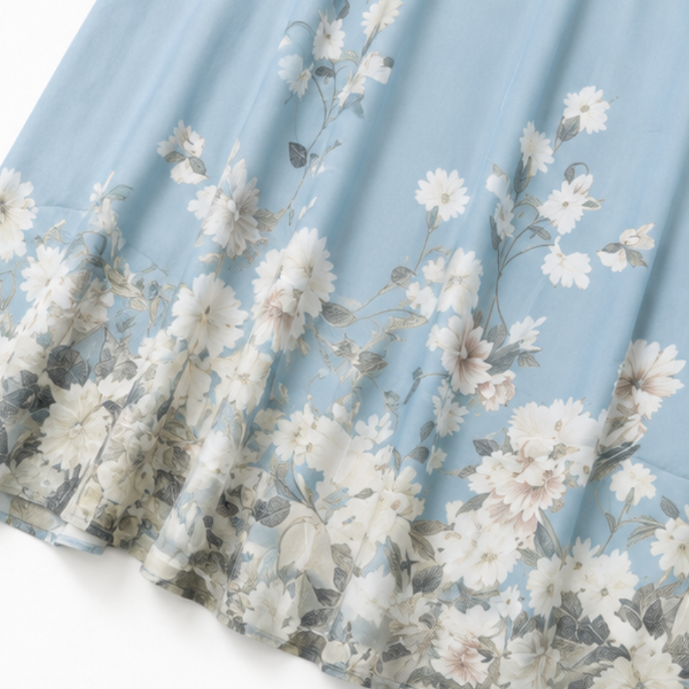 Elegant Blue Floral Maxi Dress with Halter Neck Pleated Flowing Fall Wedding Guest