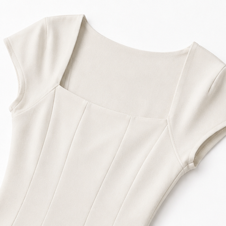 Elegant Satin Midi Dress with Square Neck Cap Sleeve Fit and Flare Fall Wedding Guest
