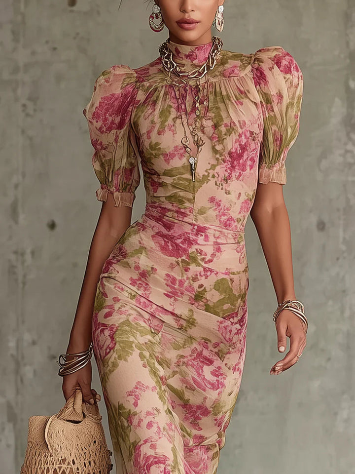 Maxi Dress with Vintage Pink Print and Puff Sleeves (Accessories not included)