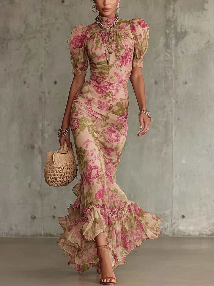 Maxi Dress with Vintage Pink Print and Puff Sleeves (Accessories not included)
