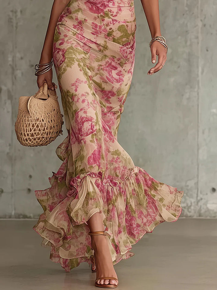 Maxi Dress with Vintage Pink Print and Puff Sleeves (Accessories not included)