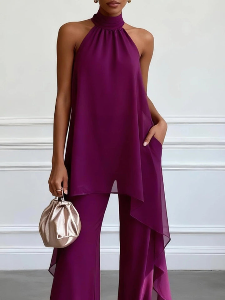 Elegant Sleeveless Purple Top with Pants Two-Piece Set