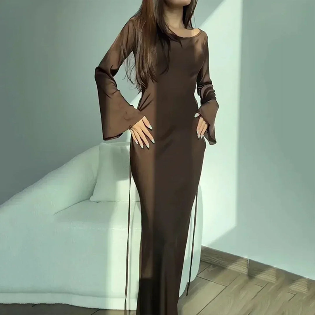 Elegant Satin Fall Wedding Guest Dress with Square Neck Long Sleeve Bell Cuff Bodycon