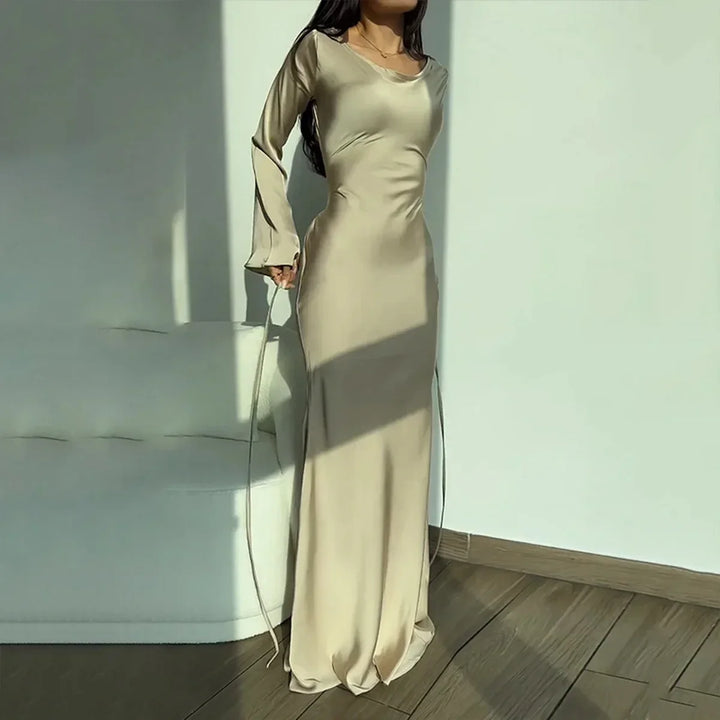 Elegant Satin Fall Wedding Guest Dress with Square Neck Long Sleeve Bell Cuff Bodycon