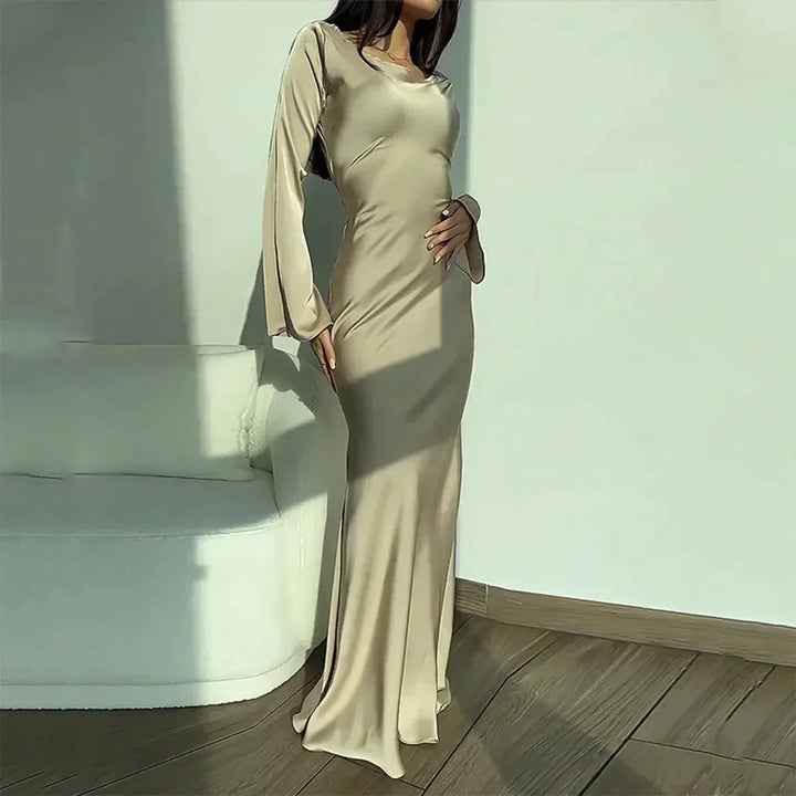 Elegant Satin Fall Wedding Guest Dress with Square Neck Long Sleeve Bell Cuff Bodycon