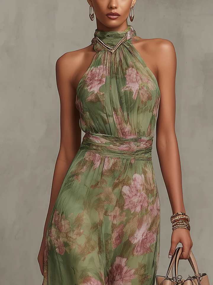 Elegant Green Floral Maxi Dress with Halter Neck Ruched Waist Formal Wedding Guest