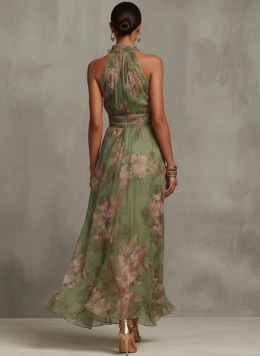 Elegant Green Floral Maxi Dress with Halter Neck Ruched Waist Formal Wedding Guest