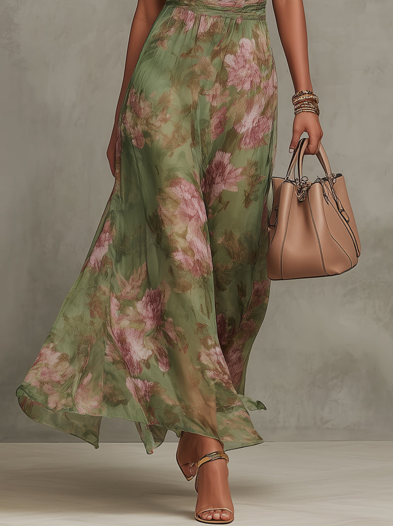 Elegant Green Floral Maxi Dress with Halter Neck Ruched Waist Formal Wedding Guest