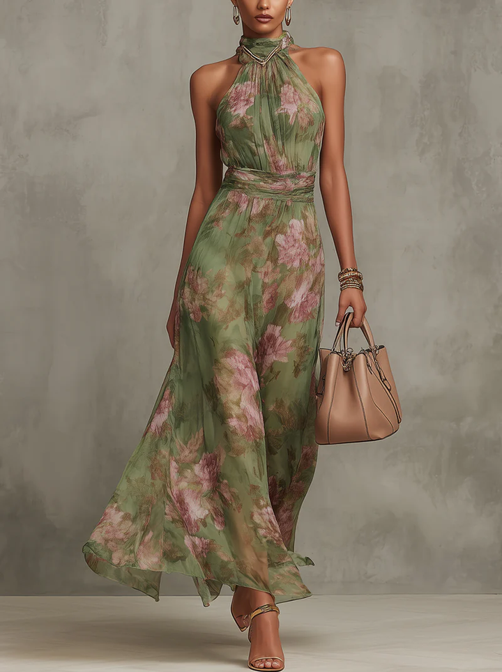 Elegant Green Floral Maxi Dress with Halter Neck Ruched Waist Formal Wedding Guest