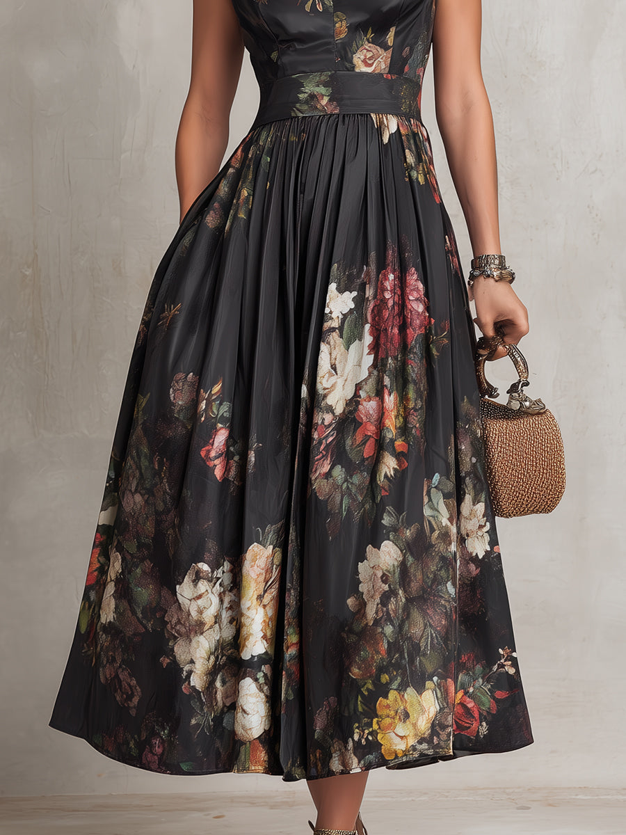 Black Pleated Satin Midi Dress with Keyhole Neckline