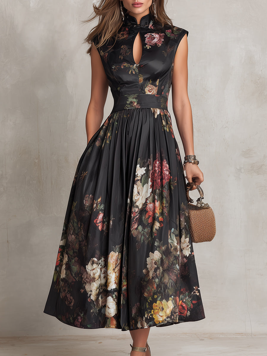 Black Pleated Satin Midi Dress with Keyhole Neckline