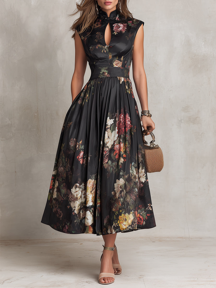 Black Pleated Satin Midi Dress with Keyhole Neckline