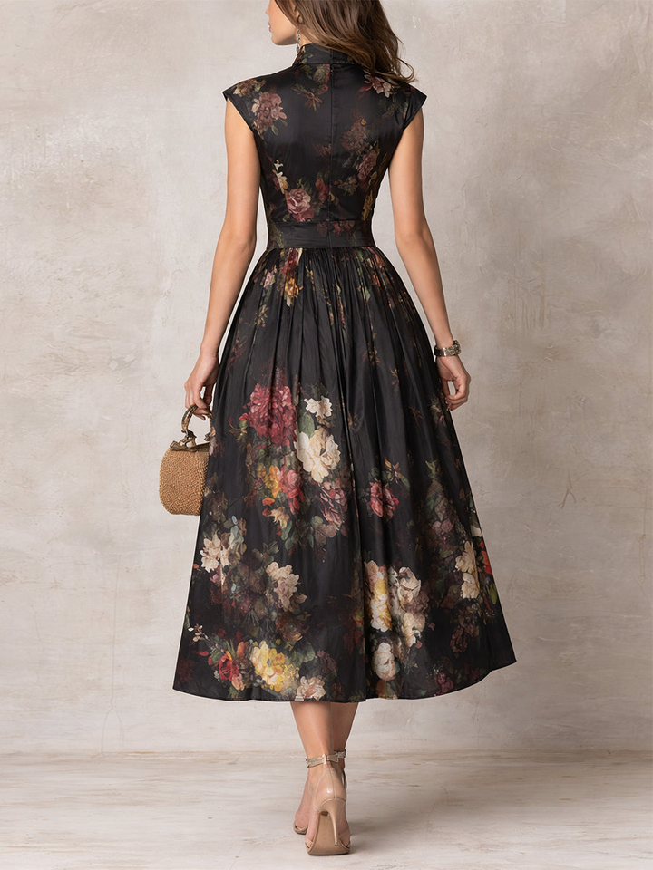 Black Pleated Satin Midi Dress with Keyhole Neckline