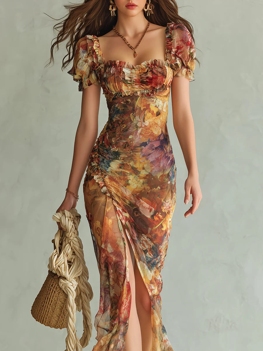 Orange Bohemian Oil Print Maxi Dress in Chiffon