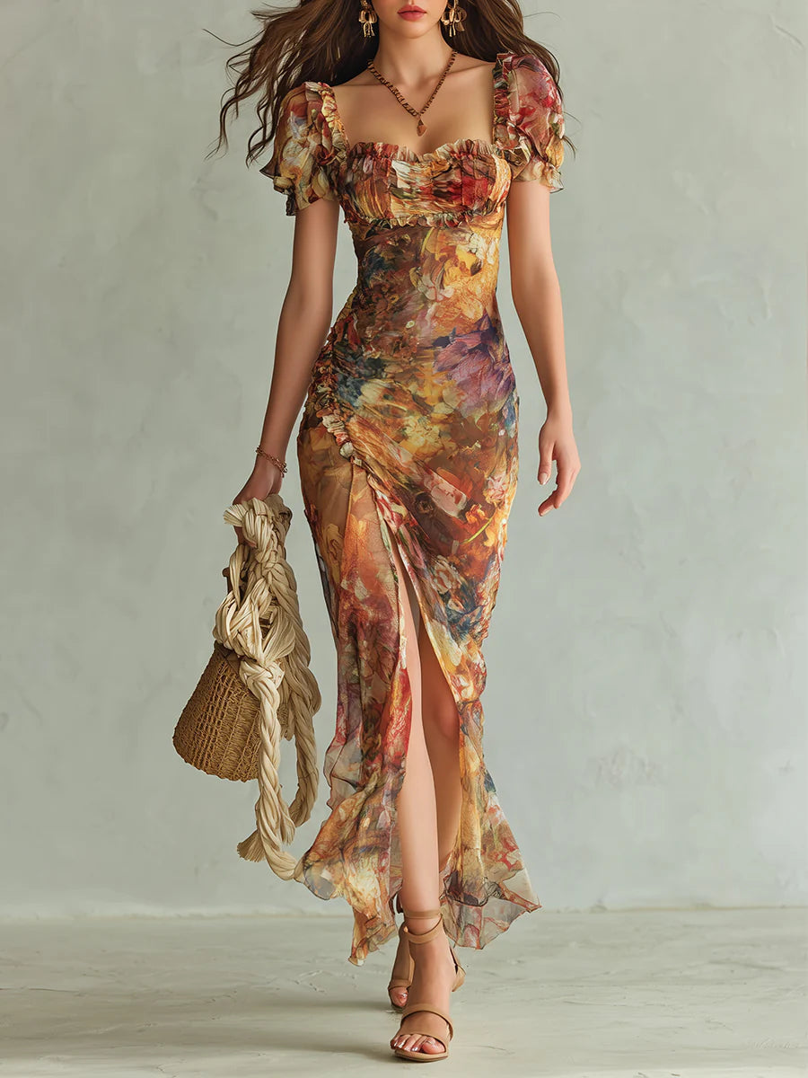Effortless Floral Print Chiffon Maxi Dress for Women with Ruffle Sweetheart Neckline