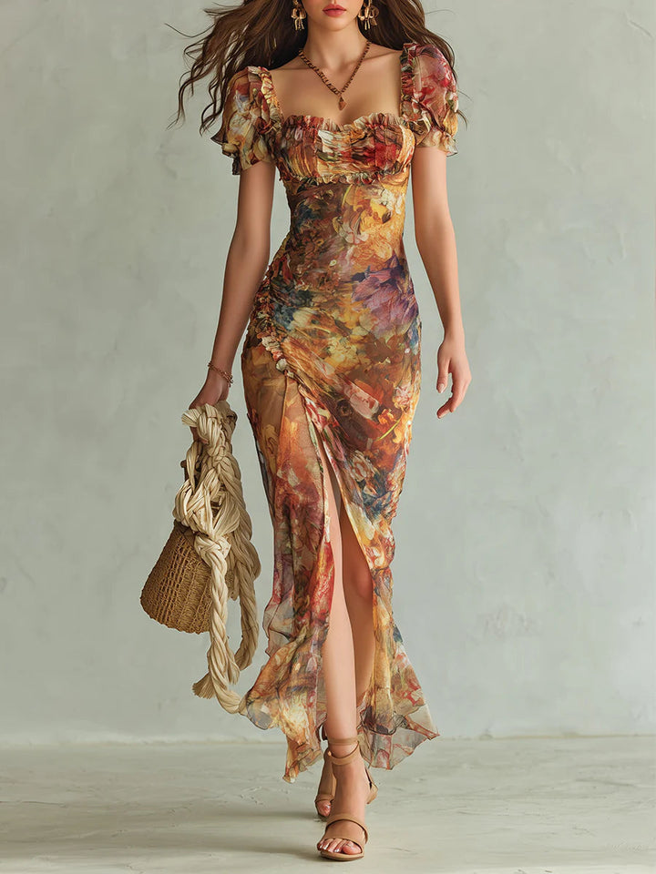 Orange Bohemian Oil Print Maxi Dress in Chiffon