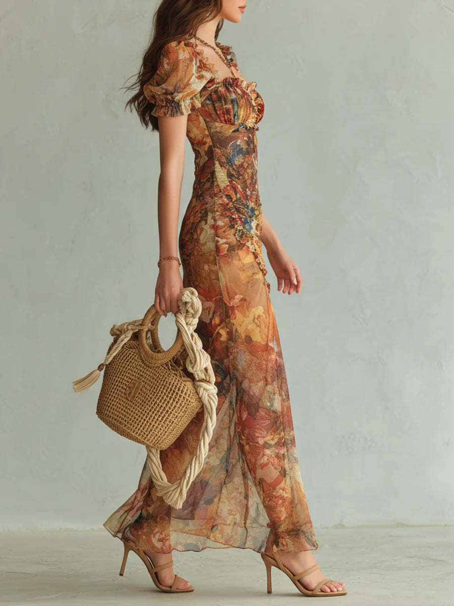Effortless Floral Print Chiffon Maxi Dress for Women with Ruffle Sweetheart Neckline