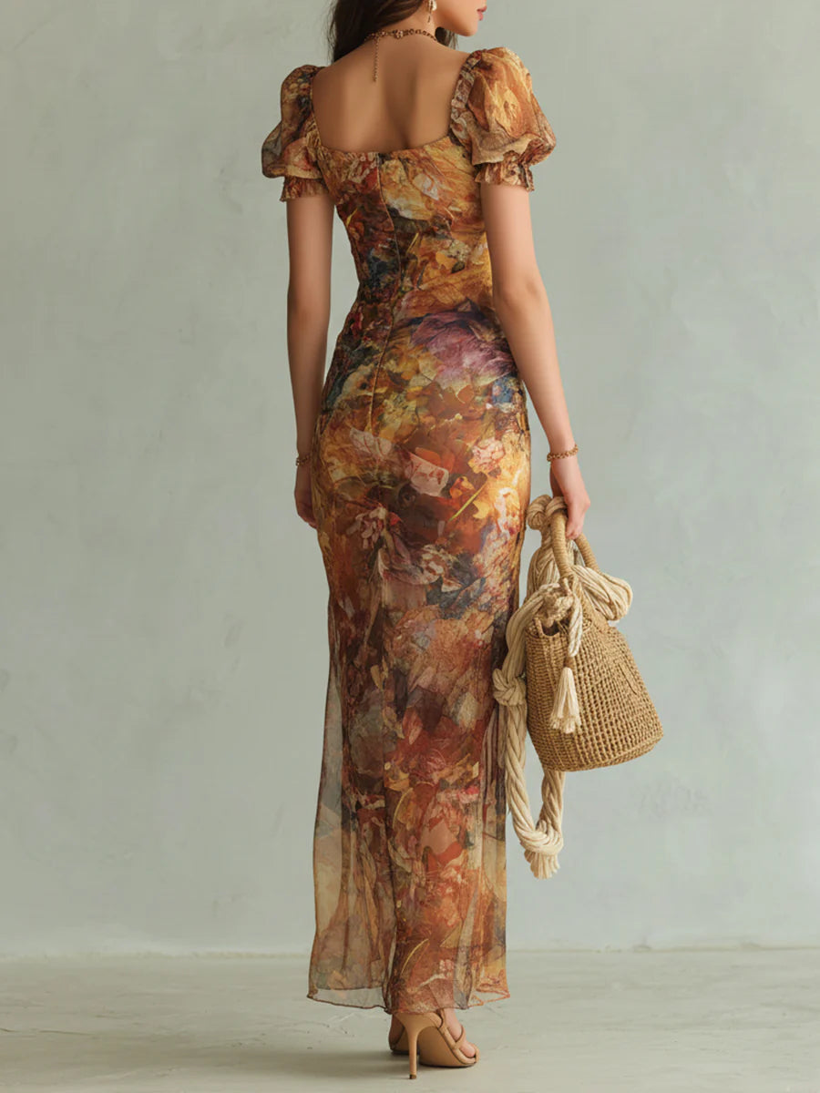 Orange Bohemian Oil Print Maxi Dress in Chiffon