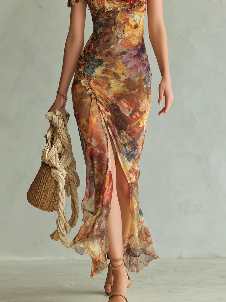 Orange Bohemian Oil Print Maxi Dress in Chiffon