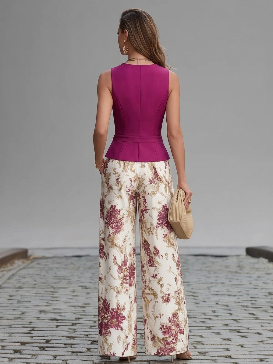 Sleeveless Pink Vest and Wide Floral Printed Trousers