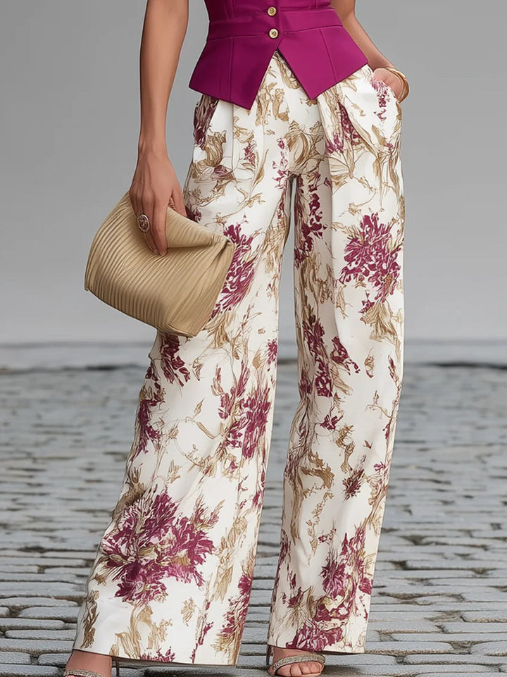 Sleeveless Pink Vest and Wide Floral Printed Trousers