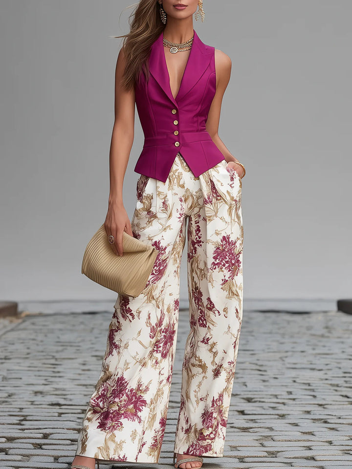 Sleeveless Pink Vest and Wide Floral Printed Trousers