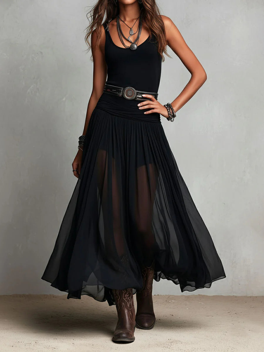 Black sleeveless top with maxi tulle skirt (with belt)