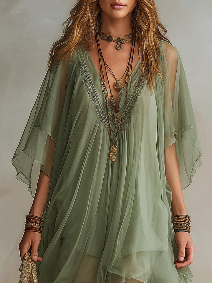 Floating Mini Chiffon Dress in Green with V-Neck