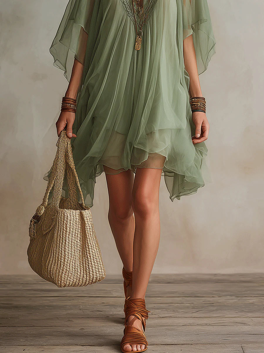 Floating Mini Chiffon Dress in Green with V-Neck