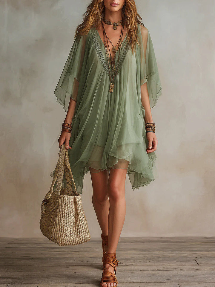 Floating Mini Chiffon Dress in Green with V-Neck