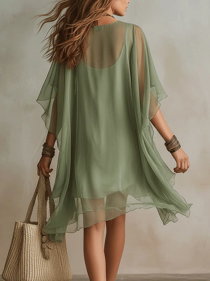 Floating Mini Chiffon Dress in Green with V-Neck