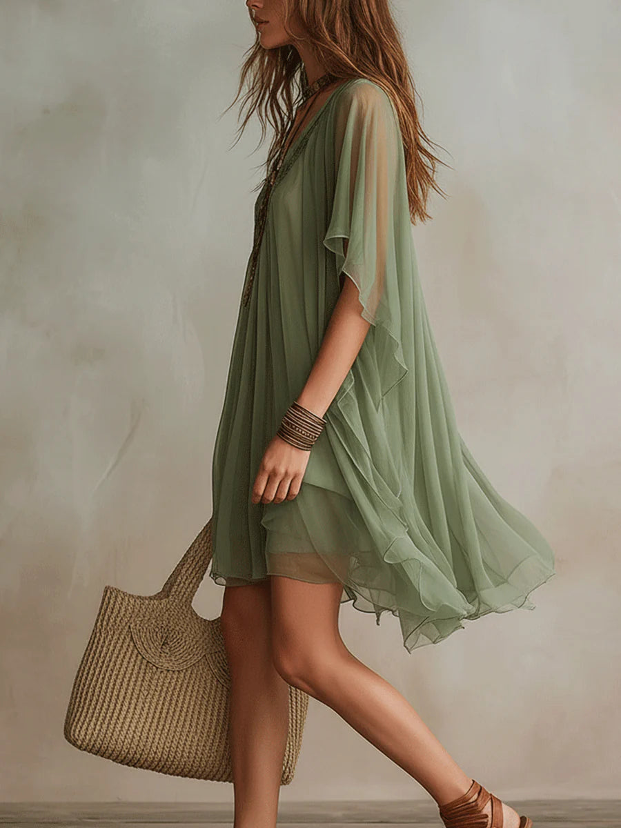 Floating Mini Chiffon Dress in Green with V-Neck