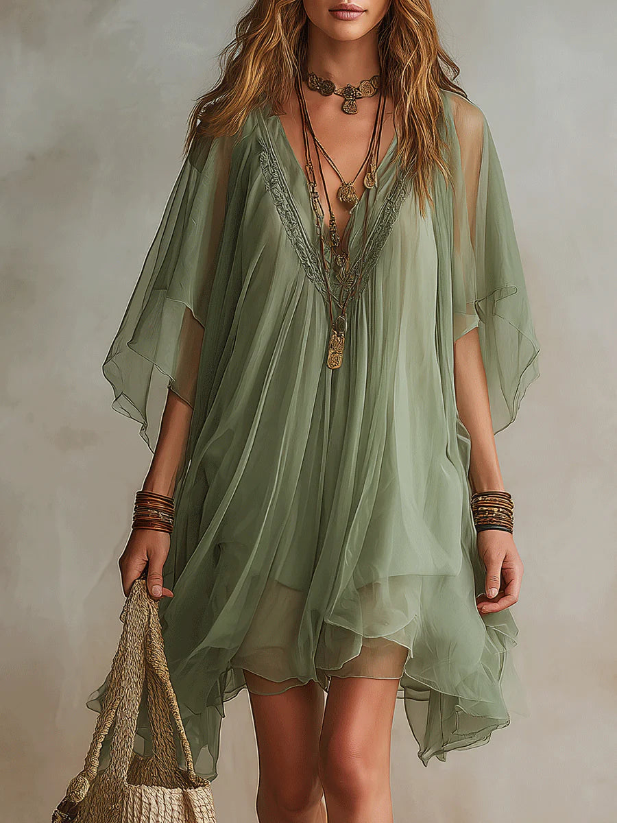 Floating Mini Chiffon Dress in Green with V-Neck