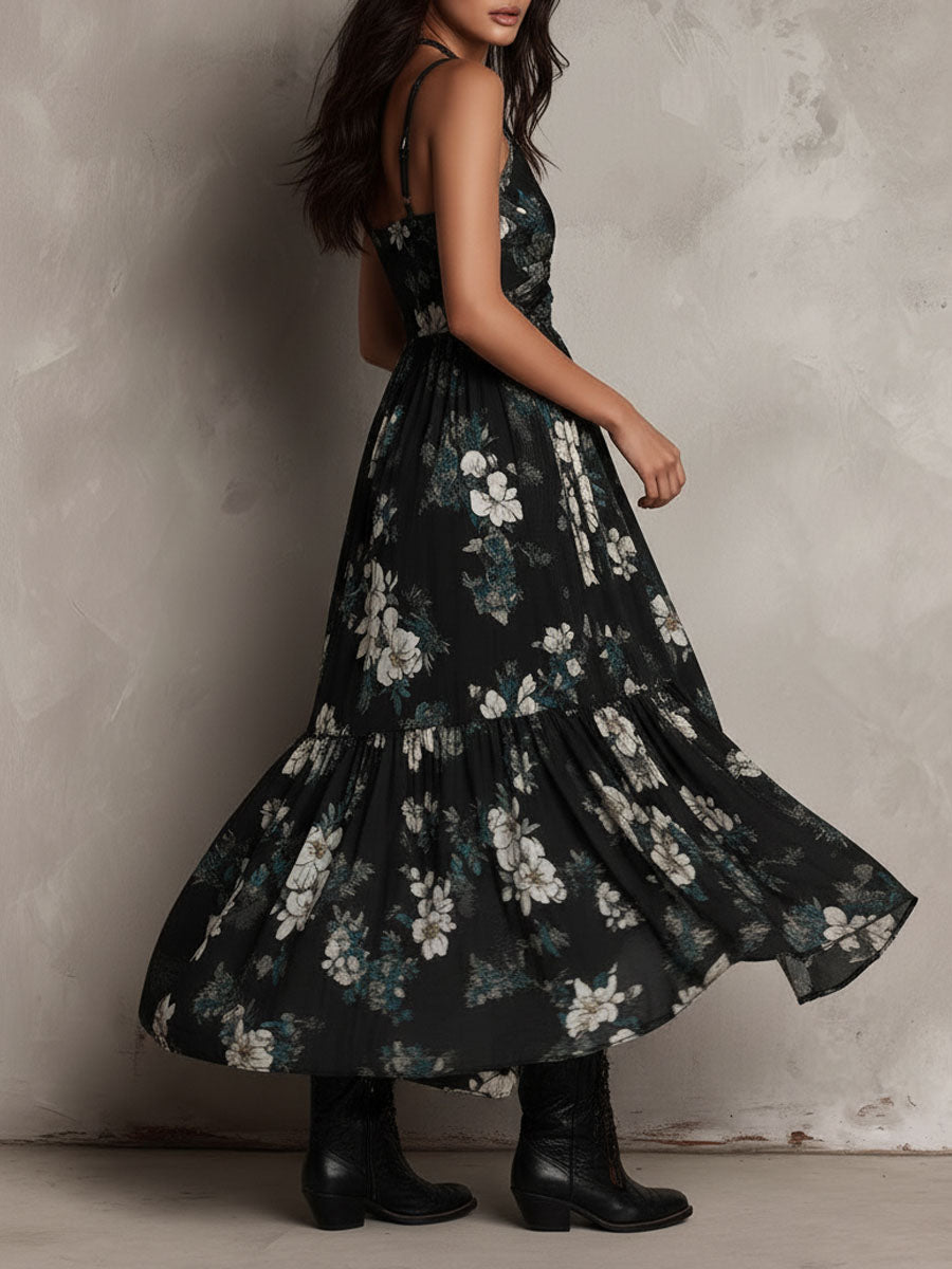 Irregular Strapless Maxi Dress with Black Bohemian Floral Print