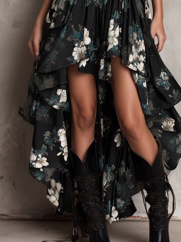 Irregular Strapless Maxi Dress with Black Bohemian Floral Print