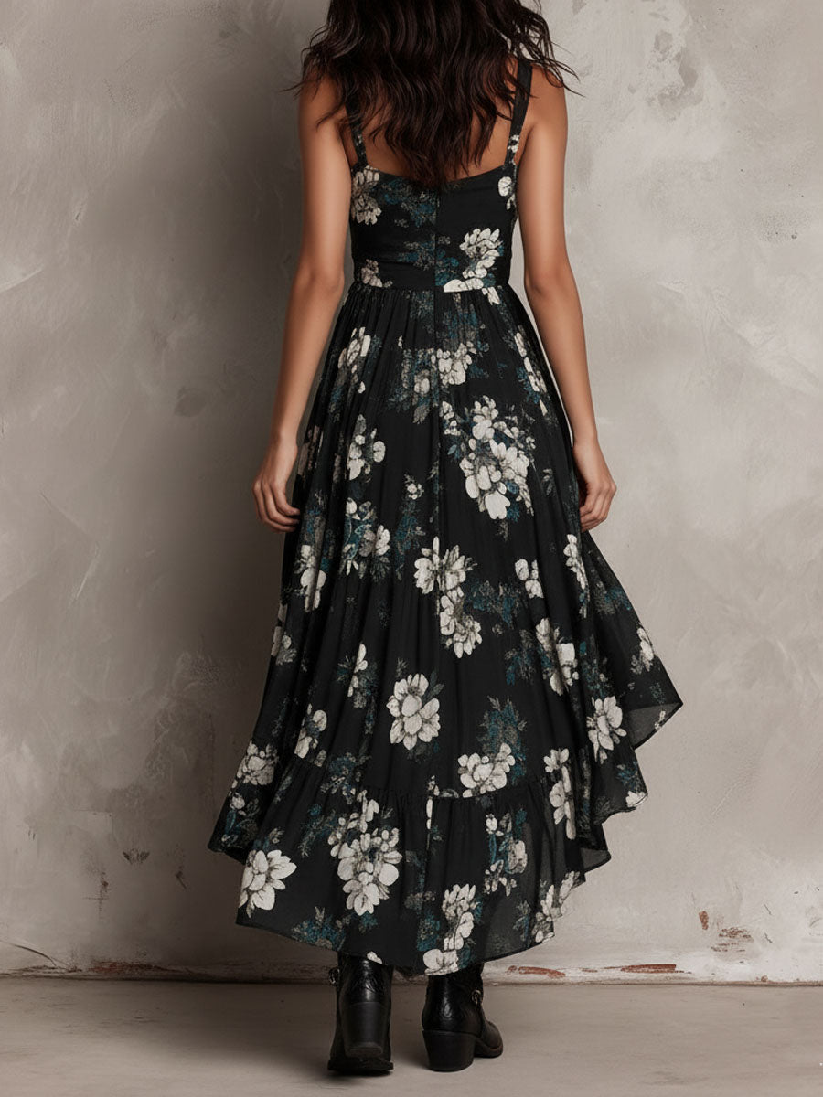 Irregular Strapless Maxi Dress with Black Bohemian Floral Print