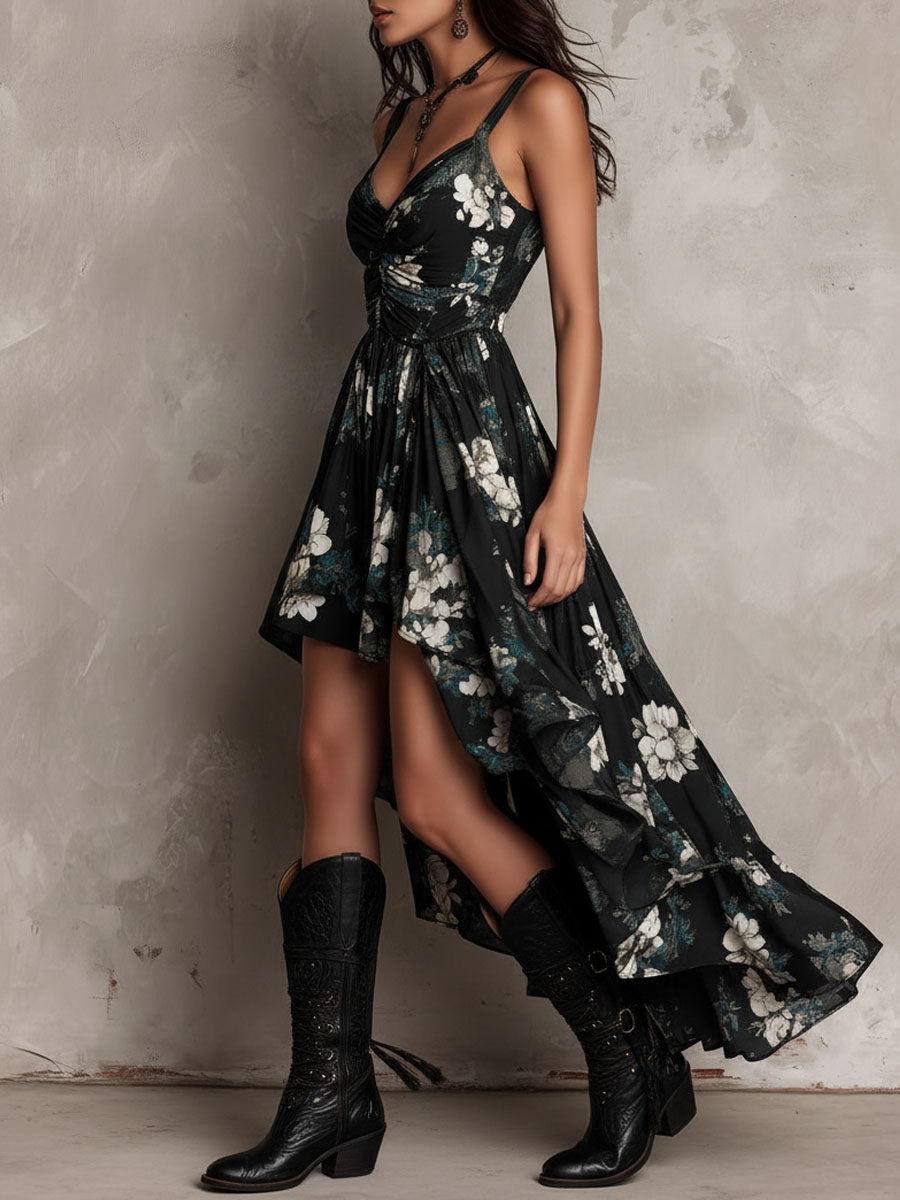 Irregular Strapless Maxi Dress with Black Bohemian Floral Print