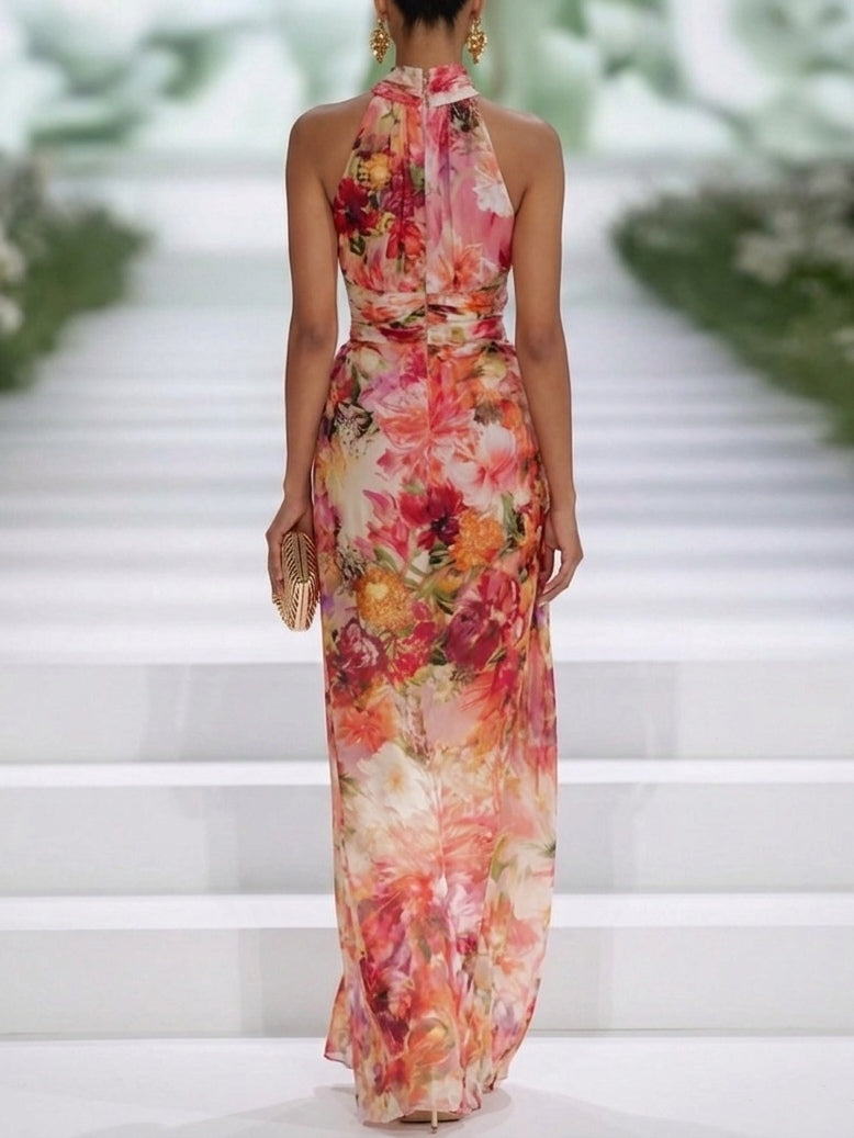 Red Chiffon Sleeveless Maxi Dress with Halter Neck