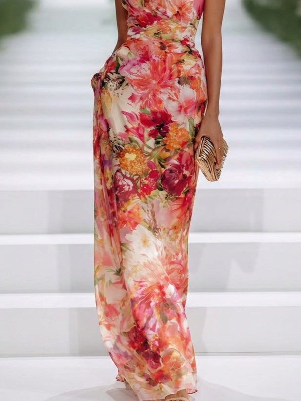 Red Chiffon Sleeveless Maxi Dress with Halter Neck