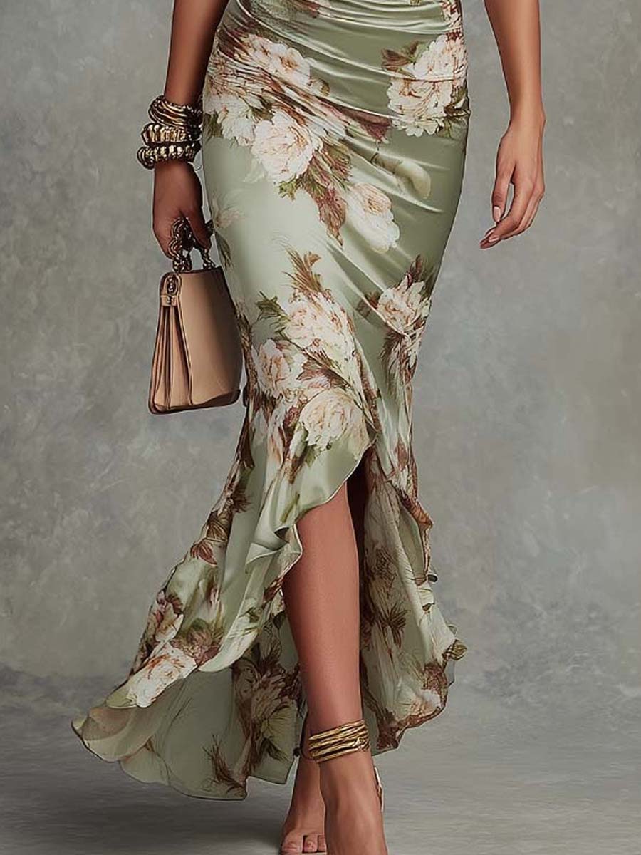 Asymmetric Maxi Dress in Green Satin with Ruffle Bell Sleeves and V-Neck