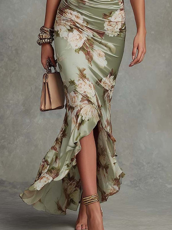 Asymmetric Maxi Dress in Green Satin with Ruffle Bell Sleeves and V-Neck