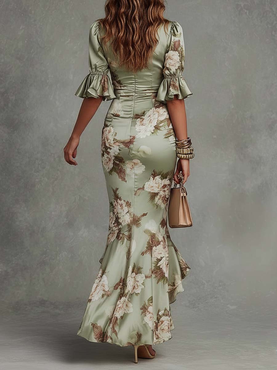 Asymmetric Maxi Dress in Green Satin with Ruffle Bell Sleeves and V-Neck