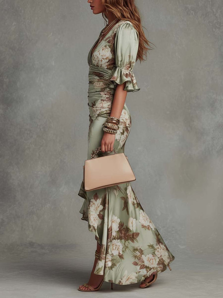 Asymmetric Maxi Dress in Green Satin with Ruffle Bell Sleeves and V-Neck