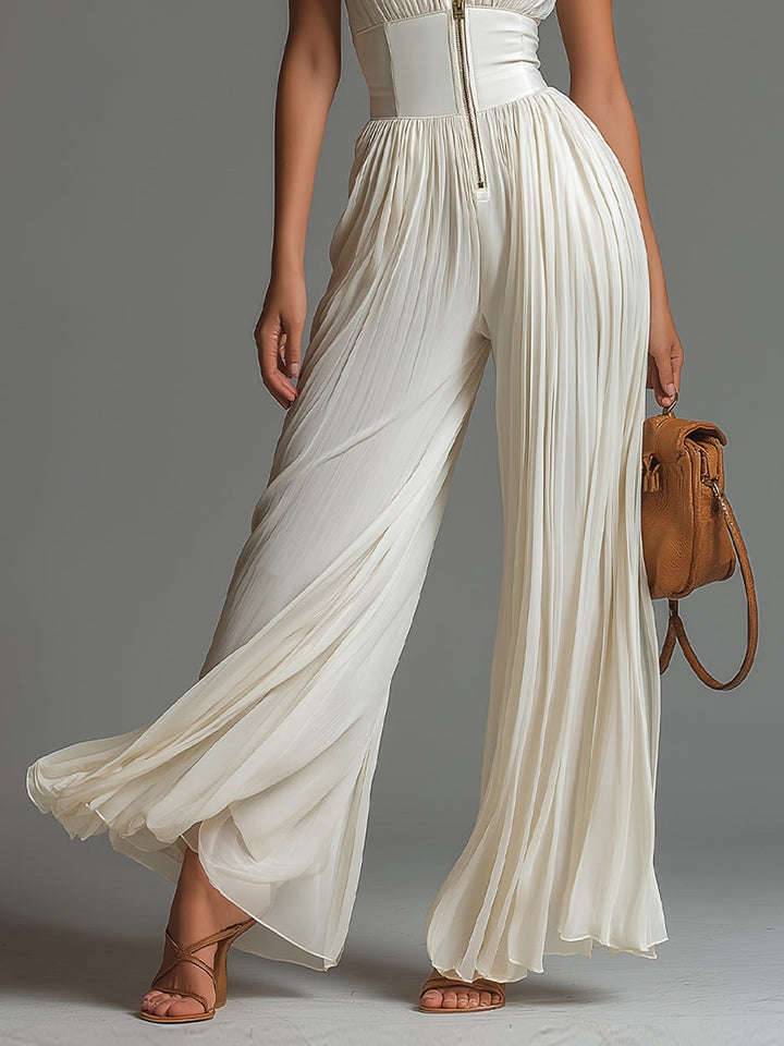 White Chiffon Sleeveless Jumpsuit with Zip and Wide Leg Pleats
