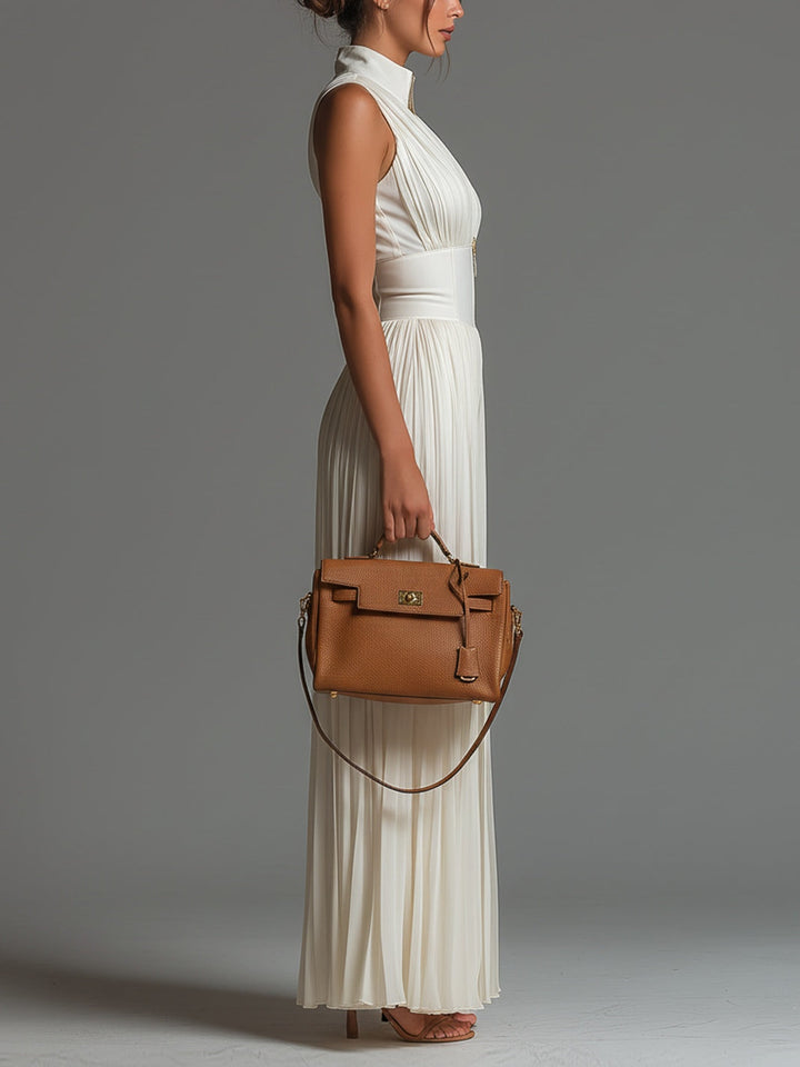White Chiffon Sleeveless Jumpsuit with Zip and Wide Leg Pleats